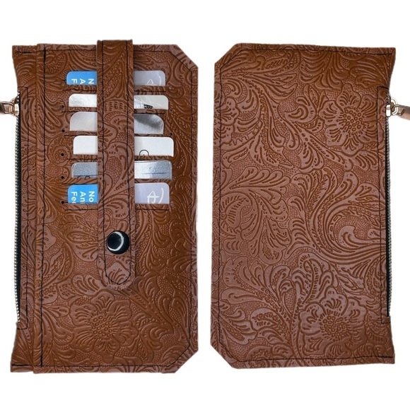 Hand Crafted Handbags - Wallet brown vinyl with tooled pattern rose gold plastic zipper Handmade